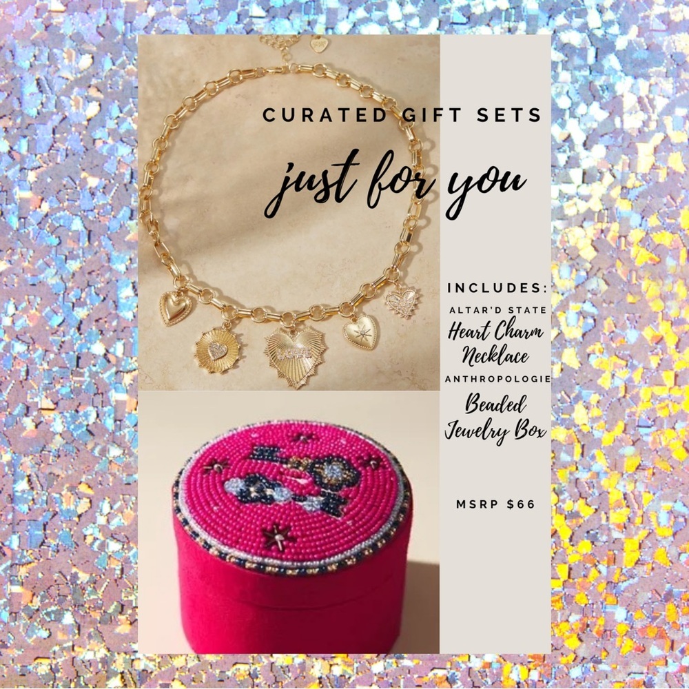 ✨Gift Set✨ Anthropologie Beaded Jewelry Box + Altar’d State Heart Charm Necklace
